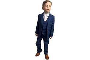 Vivaki Boys 5 Piece Navy Check Suit Boys Wedding Page Boy Party Prom Suit, 2 Years to 14 Years
