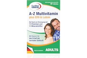 ‎EURHOVITAL A-Z Multivitamin Tabletten mit Q10 und Lutein | Die vegetarische Rund-um-Versorgung mit 13 Vitaminen und 11 Mineralstoffen | 60 Tabletten für 2 Monate | EuRho® Vital – Made in Germany