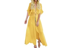 FANCYINN Femme Sexy Dentelle Crochet Front Ouvert Chemisier Kimono Maillots de Bain Plage Longue