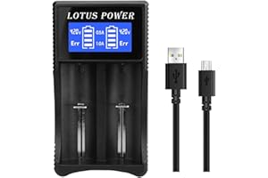 LOTUS POWER Cargador de Batería 18650, Pantalla LCD HD Cargador para Baterías Li-Ion 10440 14500 16340 (RCR123) 17670 18350 18490 22650 26650, Cargador con 2 Ranuras para Baterías Recargables Ni-MH Ni-CD AA AAA