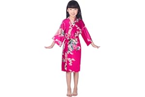 Westkun Kimono Bambina e Ragazze Vestaglia Vestito Cinese Pigiama Accappatoio Giapponese Lunga Estiva Pavone e Fiori Partito Nozze Pigiameria Robe