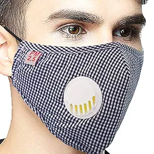 Jonty Vritraz Blue Check Replacable Filter PM 2.5 N95 Anti Pollution Activated Carbon Dust Face Mask with Breathing Valve