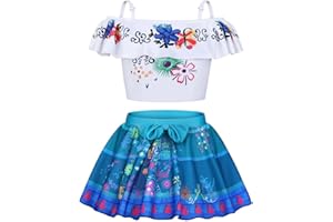 URAQT Mirabel Costume Isabela Swimsuit, Kids Cartoon Bikini Swimwear, Mirabel Isabela Princess Bathing Suit, Off The Shoulder Ruffle Swimming Costume for Girls Pool Beach Holiday Water Sports Surfing