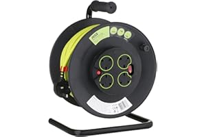 QUALTEX Jegs Four Socket Open Cable Reel Extension Lead with Winding Handle, Thermal Cut Out and Power Switch, Extra Long 50 Metres High Visibility Green Cable