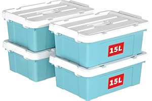 Cetomo 15L*4 Scatole di Stoccaggio in Plastica, Scatole Portaoggetti con Coperchio, Organizzatore con Manico, Contenitori per Casa e Ufficio, Impilabile, Resistente, Blu, 15L - Confezione da 4