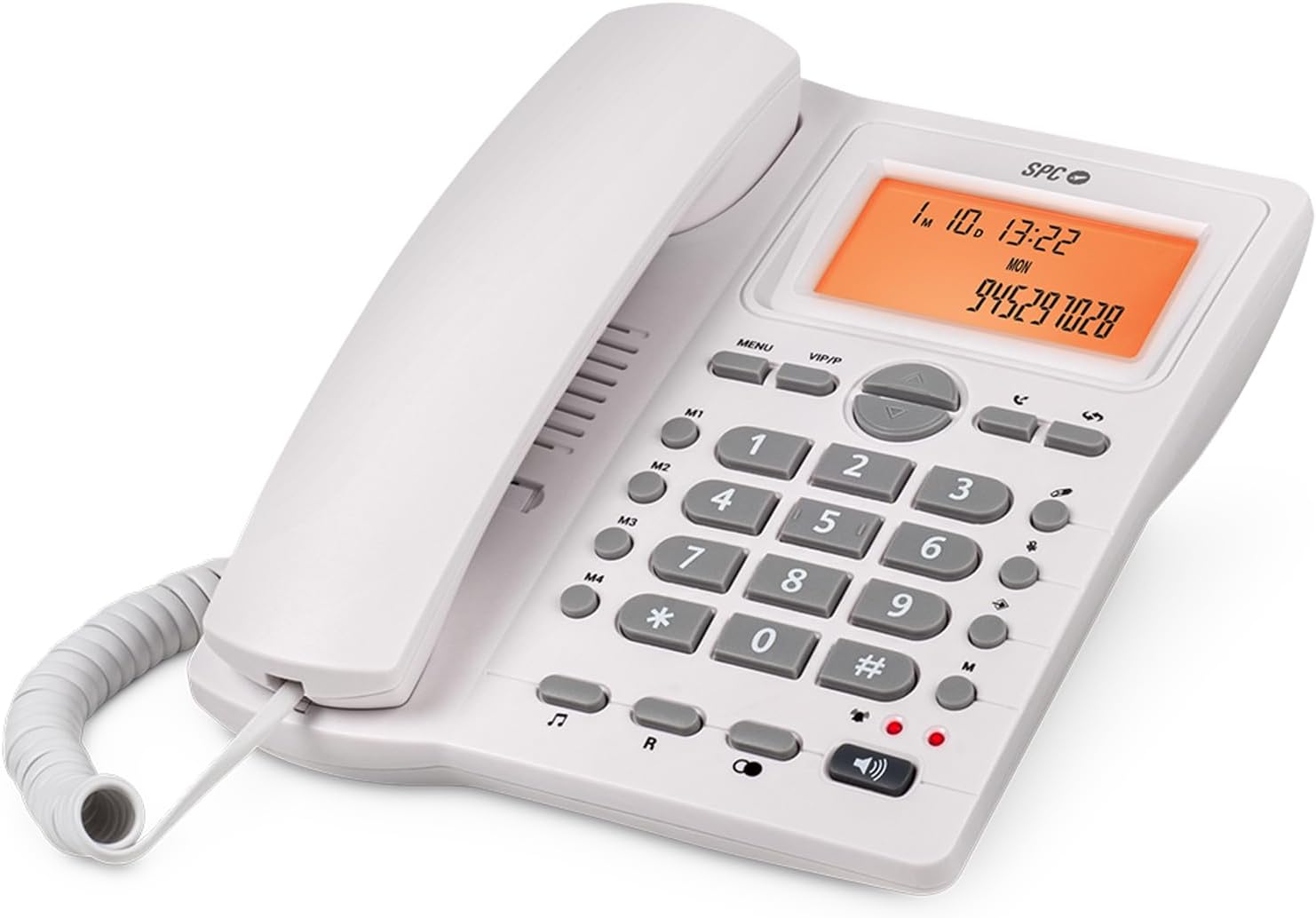 SPC Office ID 2 - Teléfono Fijo con Pantalla iluminada, 4 memorias directas y 10 indirectas, 2 Niveles de Timbre, identificador de Llamadas, señal Luminosa, Manos Libres, sobremesa o Pared – Blanco