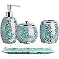 WHOLE HOUSEWARES | 4-Piece Shiny Green Decorative Glass Bathroom Sets Accessories Set | Soap Dispenser, Toothbrush Holder, Cotton Jar, Vanity Tray | Gift Idea | Mermaid Like Design