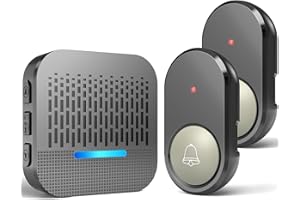 SURFOU Dzwonek bezprzewodowy, do drzwi wejściowych, 2 nadajniki i 1 odbiornik, zasięg 300 m, wodoszczelny, 5 poziomów głośności, 55 dźwięków dzwonków z lampą błyskową LED