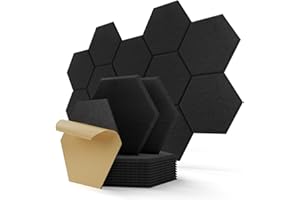 KUCHOOW Paneles Acusticos Autoadhesivos, 12 Piezas, Hexagonal Panel Acustico Decorativos, Acoustic Panels para Pared, Techo, Puerta, Home Estudio, Gaming, Living Room, 30 x 26 x 0,9 cm, Negro