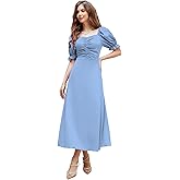 Shasmi Girl's & Women's Solid A-Line Ruched Puff Sleeve Maxi Long Evening One Piece Long Dress for Women Stylish (Dress 131)