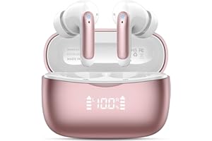 WEURGHY Auriculares Inalámbricos Bluetooth, Auriculares Bluetooth 5.3 con micrófono HD, Auriculares Inalámbricos Estéreo HIFI 56H, IP7 Impermeable con Función de Cancelación de Ruido, Pantalla LED, Oro Rosa