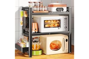 JOLIJOUR Mensola Microonde Allungabile Forno a Microonde Supporto Estensibile e regolabile in altezza con un porta salviette di carta, 6 ganci, un organizer per spezie, una scatola per bacchette (3 Livelli)