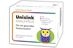 Unizink IMMUN PLUS – Nährstoff-Komplex mit Zink, Vitamin C, D3 und E sowie Selen, Bioflavonoiden und Beta-Glucan, unterstützt eine normale Funktion des Immunsystems, gluten- & laktosefrei, 30 St