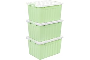 Cetomo 15L*3 Storage Boxes with Lids, Plastic Storage Bins with Latching Buckles, Click Closure, Stackable, Nesting, Organizer for Home Office Clothes, Green, 15L-3 Pack