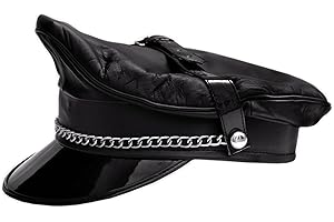 N? Genuine Leather Black Army Muir Biker Peaked Police Cap Strap Chain