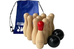 JAC & MOK Wooden Bowling Toss Game Set Hardwood10 Pins & 2 Balls(natural, 15cm-High)
