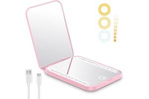 Benbilry Compact Mirror with Light, USB Rechargeable Travel Makeup Mirror with 1X/3X Magnifying & 3 LED Colors, Dimmable Magnetic Closing Memory Folding Pocket Mirror, Gift for Women, Pink