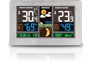 VORRINC Termómetro Higrometro LCD Pantalla Medidor Temperatura, Estación Meteorológica Interior y Exterior con Sensor Inalámbrico al Aire Libre, Barómetro Alarma Fase lunar Pantalla