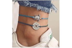 DISHOWME Tortue Boussole Cheville Cire Corde Cheville Bracelet Plage Réglable Pied Chaîne Bijoux pour Femmes Filles Ados (Bleu)