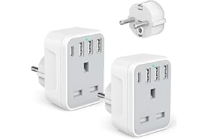 OMIVINE 2 Pcak European to UK Plug Adaptor with 4 USB Ports(1 USB C), UK to EU Euro European Plug Adapter Grounded for Germany Spain France Iceland Greece Poland Netherlands Austria Turkey, etc (Type E/F)