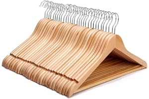 KEPLIN Strong Walnut Wood Wooden Coat Hangers with 360 Degree Rotatory Hook & Round Trouser Bar & Shoulder Notches - Durable Wardrobe Space Saver (Natural, 20 Pack)
