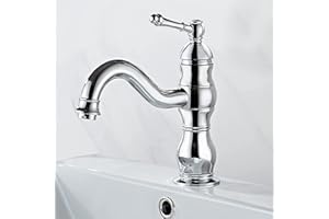 kisimixer Grifo Lavabo Retro, Puede Girar 360 ° Grifo Monomando Lavabo con Cartucho Cerámico, Solo Agujero Grifo de Lavabo Baño Antiguo de Latón con Aireador, Agua Fria y Caliente Disponible, Cromado