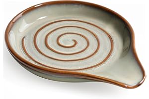 ANTIS'S HOME Ceramic Spoon Rest with Natural Spiral Pattern – Handcrafted Stoneware Utensil Holder – Heatproof, Dishwasher Safe – Elegant Sage Green & Brown for Rustic or Modern Kitchens