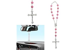 Mezrkuwr Rosario de coche para espejo retrovisor con crucifijo, con diseño de flores de rosas rosas, regalo para automovilistas, cadena de oración para el espejo interior, parasol, talismán, amuleto