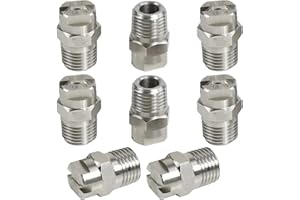 Gotrain 8 boquillas de pulverización de alta presión de 65 grados, acero inoxidable, boquilla de ventilador, boca de 1,3 mm, conector roscado de 1/4 pulgadas, color plateado