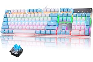 LexonElec Mechanische Gaming Tastatur LED Beleuchtete Gaming Tastatur mit QWERTY US Layout 104-Tasten Blaue Switch Metall Platte Langlebig, Ergonomisch, Wasserdicht Keyboard - Weiß Blau