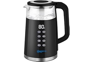WANNYTON Czajnik elektryczny 1,7 l z regulacją temperatury (40-100°C), stal nierdzewna, szkło, nie zawiera BPA, 2200 W, cyfrowy wyświetlacz, podstawa 360°, utrzymywanie ciepła, automatyczne