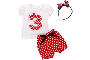 FYMNSI Ensembles Shorts et Haut Fille T Shirt en Coton à Manches Courtes + Pois Rouge Short Pantalons Courts + Bandeau d'oreille Été Vêtements de Fête d'anniversaire per Enfant Bébé 1-6 Ans