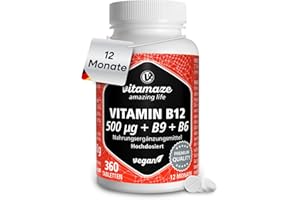 ‎VITAMAZE - AMAZING LIFE Vitamin B12 500 mcg hochdosiert, 360 Tabletten für 1 Jahr mit 375 mcg Vitamin B9 Folsäure + Vitamin B6, Natürliche Nahrungsergänzung ohne Zusatzstoffe, Made in Germany
