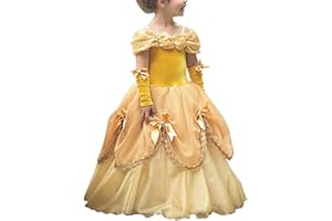 FYMNSI Mädchen Prinzessin Belle Kleid Die Schöne und das Biest Märchen Prinzessin Cosplay Schulterfrei Tüll Maxikleid Halloween Weihnachten Fasching Partykleid Geburtstag Festkleid Verkleidung