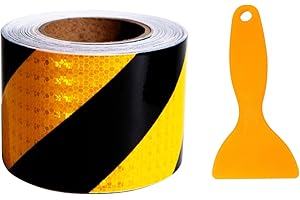 CLKE 10 cm x 25 m cinta reflectante viene con 1 rascadores, cinta reflectante autoadhesiva impermeable, pegatina reflectante, cinta de descarga autoadhesiva para bicicletas (amarillo y negro)