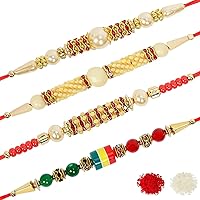 Riddhika Ventures Lavish Pearl and Dimond Ring Rakhi (Set of 4) with Roli Chawal and Greeting Card (J1K1O1D1)