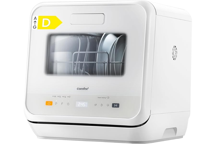 COMFEE' Mini Dishwasher CDWMTO201D(W) Small Tabletop Dishwasher with Built-in 5L Water Tank, Steam Washing, Ventilated Storage, Energy Class D - White