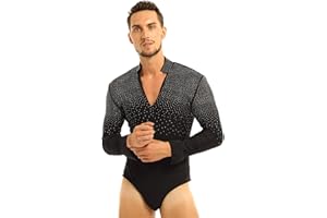 iiniim Body Chemise De Danse Manche Longue Col V Homme Justaucorps Danse Latine Tango Rumba Strass Shirt Leotard Dance Ballroom Bodysuit Soirée Bal Fête M-XXL