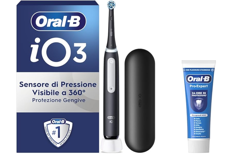 Oral-B Rechargeable Electric Toothbrush iO 3 Black, 1 Electric Toothbrush, 1 Spare Head, Travel Case + Oral-B Pro Expert Toothpaste, Effective Teeth Cleaning
