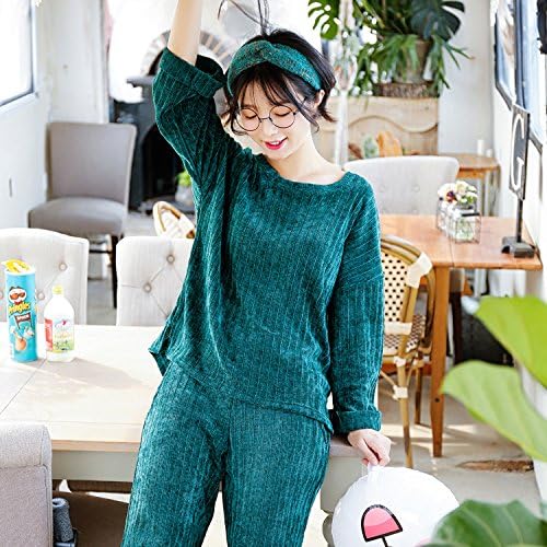 XHO Autumn and Winter Long-Sleeved Pants Anti-Pajamas Simple Ladies Solid Color Thick Thin Home Service Suits,Peacock,All code