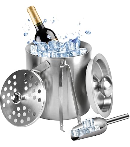 Foonii Seau à Glaçons 3L Inox Premium Double Paroi – Avec Couvercle, Pince, Pelle & Passoire – Garde Le Froid Des Heures !