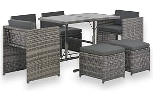 Faroom Conjunto Comedor de Jardín de Ratán 7 Piezas, Muebles Jardín Exterior, Mesa y Sillas Jardín, Mesa y Sillas Terraza con Cojines, Gris