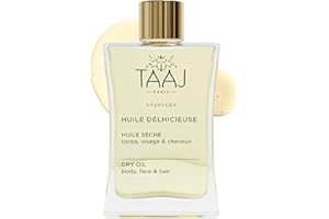 TAAJ | Huile Délhicieuse | Huile sèche de Beauté | Corps, Visage & Cheveux | Nourrit, Protège & Revitalise la peau | Peau Satinée | Cheveux Réparés | 96% d’ingrédients naturelle | Vegan | 50 ml