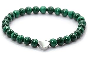 LAKADA Bracelet en malachite véritable pierre précieuse avec perles rondes de 6mm et cœur en acier inoxydable - différentes longueurs - bracelet en pierres précieuses porte-bonheur talisman cadeau