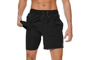Arcweg Badehose für Herren mit Kompression Liner 2 in 1 Atmungsaktiv Badeshorts Männer Elastisch Trainingsshorts Verstellbar Tunnelzug mit Reißverschlusstaschen