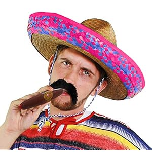 Para hombre verde mexicano Sombrero + negro bigote + Jumbo Cigar Fancy Dress Accessory gorro Tash vacaciones paja Soltero Noche