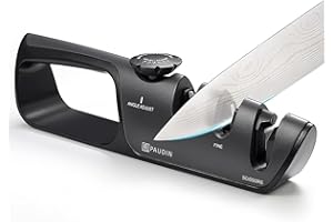 Paudin Affilacoltelli, strumento manuale professionale di affilatura dei coltelli a 3 livelli con manico, coltello e forbici allevati, comodo per ripristinare e lucidare le lame smussate