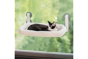 MEWOOFUN Hamac Chat Fenetre Pliable Lit pour Chat avec des Ventouses Stables Tapis réversible Jusqu'à 18kg (Beige, M-with Mat)
