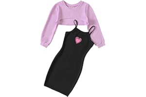 Huttam Ensemble Fille 4-10 Ans Chic stylé Printemps Robe Moulante Fille a Bretelles Coeur Imprime Robe Fille Mariage Ceremonie fefe sans Manches + t Shirt Pull Crop Top Enfant Fille Manche Longue