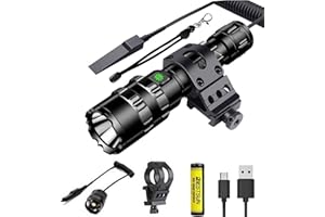 LUXJUMPER Torcia LED Ricaricabile Professionale,1500 Lumen Super Luminosa Tattica Torcia LED 5 Modalità Torce con Attacco Offset Picatinny e Pressostato,Cavo USB Batteria Inclus